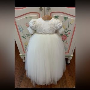 Piccolo Bacio baptism dress with baby bonnet and hair bow adorned in rhinestone